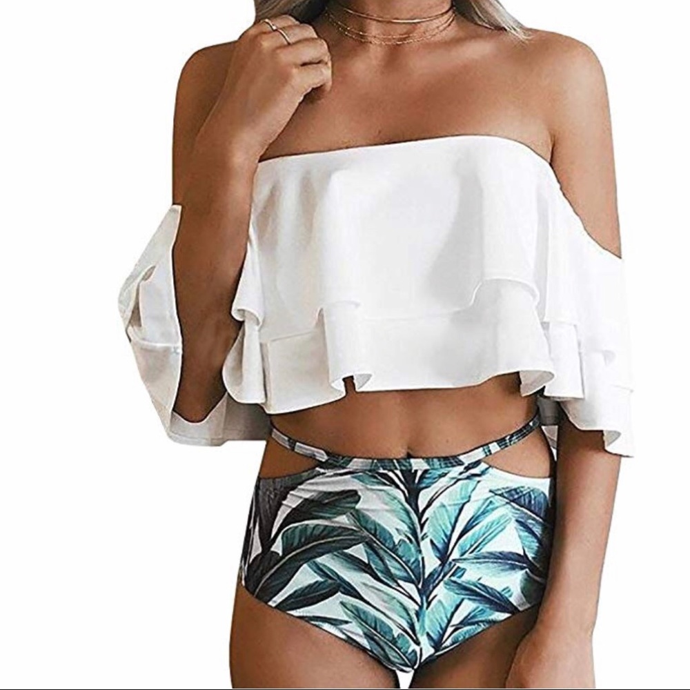 Brand New Tropical Print Off Shoulder Swimsuit